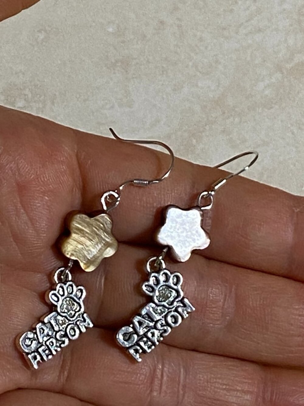 2/$20, Dark Mother of Pearl Flower & Cat Person Earrings w/ Sterling Silver Hook - Picture 6 of 7